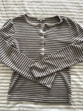 Z Supply Taupe and Black Striped Henley Long Sleeve Top